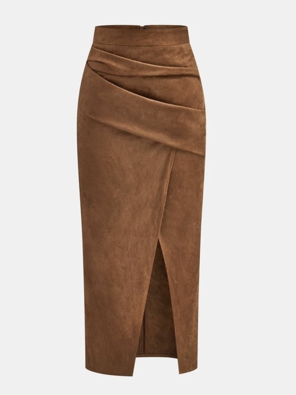Commense Brown Faux Suede Draped Pencil Skirt with Front Slit